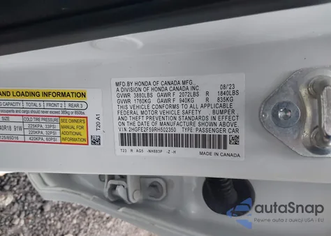 2024 Honda Civic Sport z USA, uszkodzony, nr VIN 2HGFE2F59RH502350